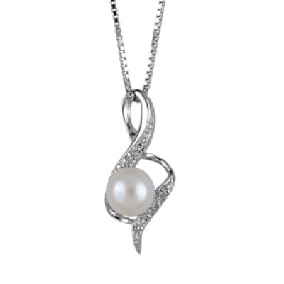 Collier en argent rhodié chaîne avec pendentif perle blanche de synthèse dans une petite torsade ornée d'oxydes blancs - longueur 42cm + 3cm de rallonge