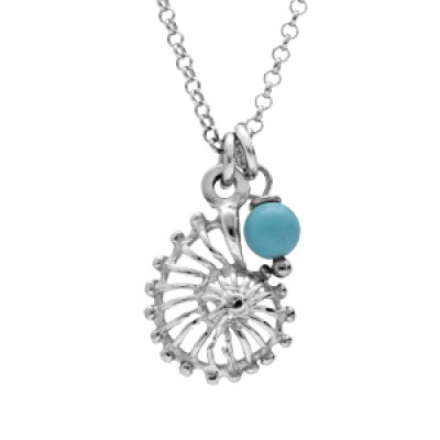 Collier en argent rhodié chaîne avec pendentif coquillage et perle couleur turquoise 38+5cm