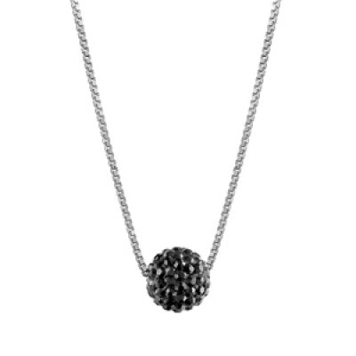 Collier en argent rhodié chaîne avec pendentif moyenne boule en résine et strass noirs - longueur 38cm + 5cm de rallonge