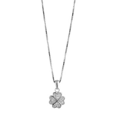 Collier en argent rhodié chaîne avec pendentif trèfle à 4 feuilles orné d'oxydes blanches - longueur 42cm + 3cm de rallonge