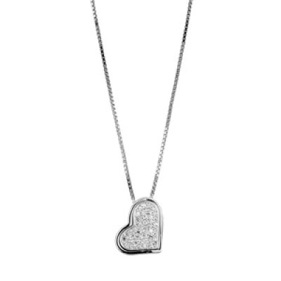 Collier en argent rhodié chaîne avec pendentif coeur amovible bords lisses et pavé d'oxydes blancs - longueur 42cm + 3cm de rallonge