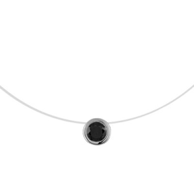 Collier en argent rhodié fil en nylon avec pendentif oxyde rond noir de 7mm serti clos