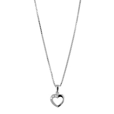 Collier en argent rhodié chaîne avec pendentif coeur évidé avec 1 moitié lisse et l'autre ornée d'oxydes blancs - longueur 42cm + 3cm de rallonge