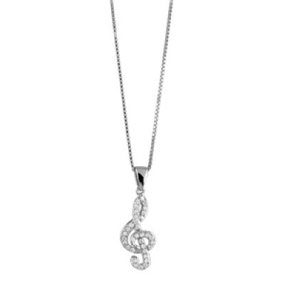 Collier en argent rhodié chaîne avec pendentif clé de sol ornée d'oxydes blancs - longueur 42cm + 3cm de rallonge