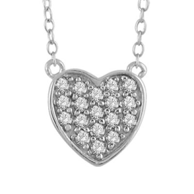 Collier en argent rhodié chaîne avec pendentif coeur pavé d'oxydes blancs - longueur 43cm + 3cm de rallonge