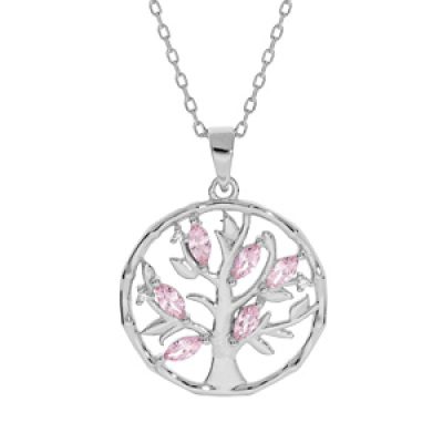 Collier en argent rhodié chaîne avec pendentif arbre de vie oxydes et oxydes roses clairs 40+4cm