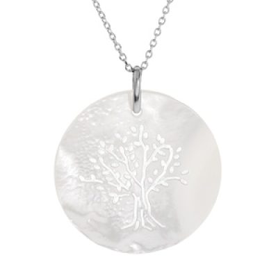 Collier en argent rhodié chaîne avec pendentif médaille fond de Nacre Blanche motif arbre de vie 41