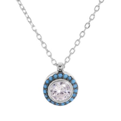 Collier en argent rhodié chaîne avec pendentif oxyde blanc contour pois bleu 42+3cm