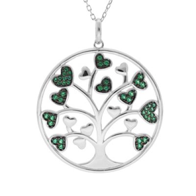 Collier en argent rhodié massif chaîne avec pendentif arbre de vie 30mm et coeurs oxydes verts 44