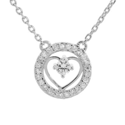Collier en argent rhodié chaîne avec pendentif coeur et contour Topaze blanche 42+3cm