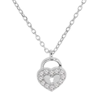 Collier en argent rhodié chaîne avec pendentif coeur cadenas pavé d'oxydes blancs sertis 42+3cm