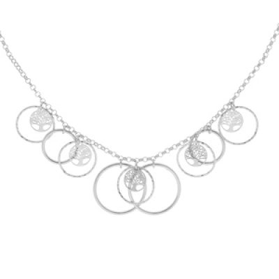 Collier en argent rhodié chaîne avec multi cercles et pampilles arbre de vie 40+5cm