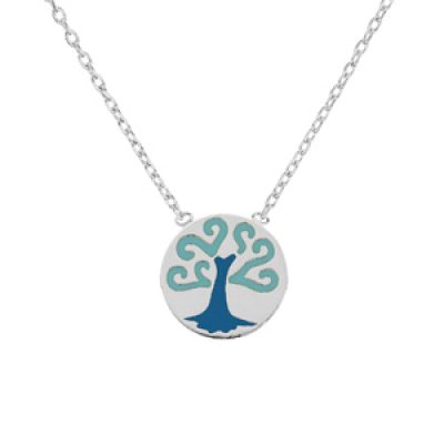 Collier en argent rhodié chaîne avec pendentif médaille motif arbre de vie bleu 38+4cm