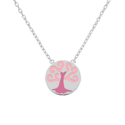 Collier en argent rhodié chaîne avec pendentif médaille motif arbre de vie rose 38+4cm