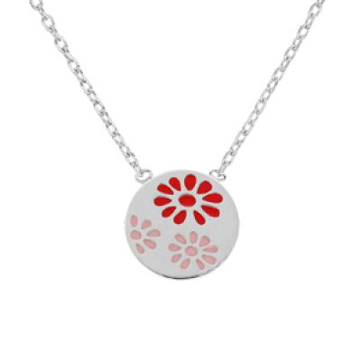 Collier en argent rhodié chaîne avec pendentif rond motif fleur rouge et rose 37