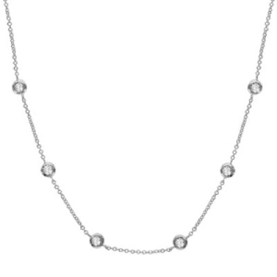 Collier en argent rhodié chaîne avec 6 oxydes blancs serties clos - longueur 38cm + 4cm de rallonge