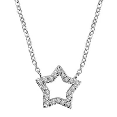 Collier en argent rhodié chaîne avec pendentif étoile ajourée ornée d'oxydes blancs au milieu - longeur 40cm + 2cm de rallonge
