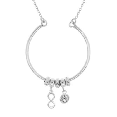 Collier en argent rhodié chaîne avec pendentif cercle avec anneaux et pampilles motif infini et oxyde blanc serti 42+2