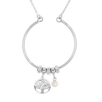 Collier en argent rhodié chaîne avec pendentif cercle avec anneaux et pampilles arbre de vie et perle blanche de culture d'eau douce 40+5cm