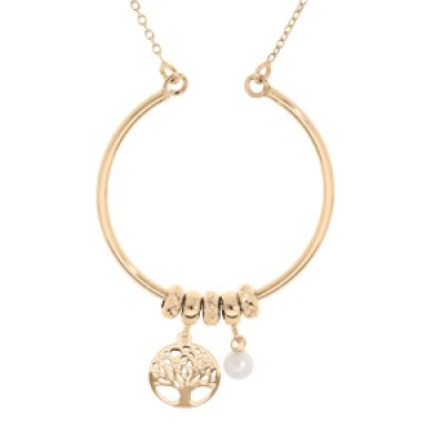 Collier en argent et doré jaune avec cercle avec anneaux et pampilles arbre de vie et perle blanche de culture d'eau douce 40+5cm