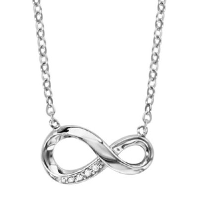 Collier en argent rhodié chaîne avec pendentif symbole infini stylisé avec 1 partie ornée d'oxydes blancs - longueur 42cm + 3cm de rallonge