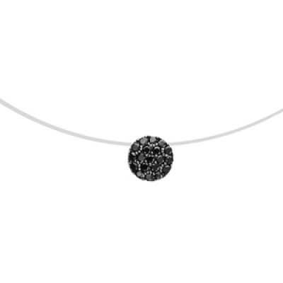 Collier en argent rhodié fil en nylon avec pendentif rond orné d'oxydes noirs - longueur 41cm