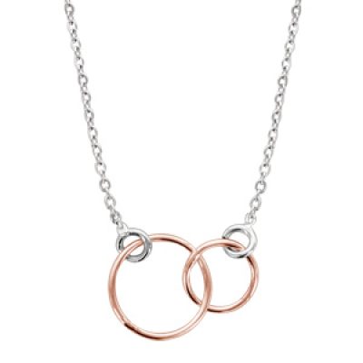 Collier en argent rhodié chaîne avec pendentif 2 anneaux dorés roses emmaillés - longueur 40cm + 5cm de rallonge