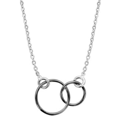 Collier en argent rhodié chaîne avec pendentif 2 anneaux rhodiés noirs emmaillés - longueur 40cm + 5cm de rallonge