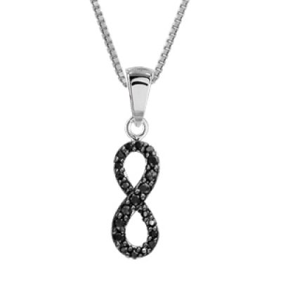 Collier en argent rhodié chaîne avec pendentif infini en rail d'oxydes noirs sertis grand modèle - longueur 42cm + 3cm de rallonge