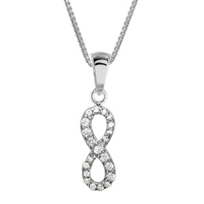 Collier en argent rhodié chaîne avec pendentif infini en rail d'oxydes blancs sertis grand modèle - longueur 42cm + 3cm de rallonge