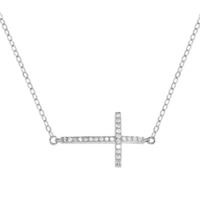 Collier en argent rhodié chaîne avec pendentif 1 grande croix chrétienne ornée d'oxydes blancs sertis - longueur 43cm + 2cm de rallonge