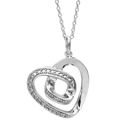 Collier en argent rhodié chaîne avec pendentif brin formant 1 coeur avec 1 boucle à l'intérieur et orné d'oxydes blancs - longueur 42cm + 3cm de rallonge