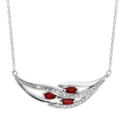 Collier en argent rhodié collection joaillerie chaîne avec pendentif grappe avec 3 navettes en oxydes rouges et rails d'oxydes blancs sertis - longueur 42cm + 3cm de rallonge