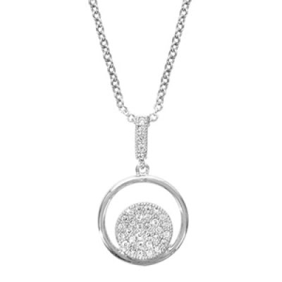 Collier en argent rhodié chaîne avec pendentif anneau avec rond pavé d'oxydes blancs sertis à l'intérieur et bélière ornée d'oxydes blancs - longueur 40cm + 4cm de rallonge