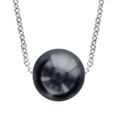 Collier en argent rhodié chaîne avec pendentif perle noire de synthèse 40cm + 4cm