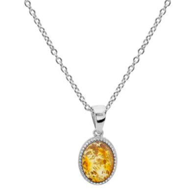 Collier en argent rhodié chaîne avec pendentif pierre Ambre véritable et contour perlé 42+3cm