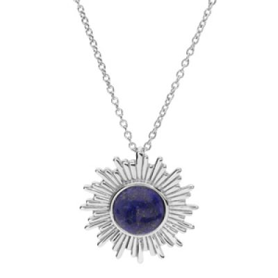 Collier en argent rhodié chaîne avec pendentif soleil stylisé et Lapis Lazuli véritable 42+3cm