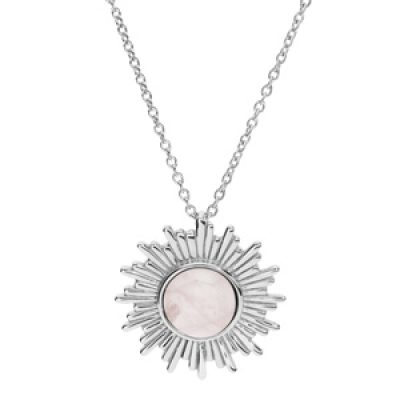 Collier en argent rhodié chaîne avec pendentif soleil stylisé et Quartz rose véritable 42+3cm
