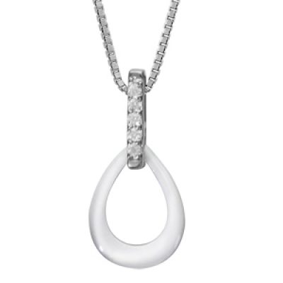 Collier en argent rhodié chaîne avec pendentif céramique blanche ovale barrette oxydes sertis 42+3cm