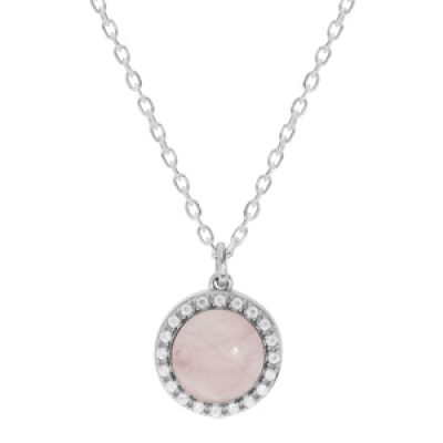 Collier en argent rhodié chaîne avec pendentif pierre Quartz rose naturelle ronde et contour d'oxydes blancs sertis 42+3cm