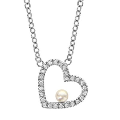 Collier en argent rhodié chaîne avec pendentif coeur ajouré orné d'oxydes sertis avec 1 perle blanche synthétique à l'intérieur - longueur 42cm + 3cm de rallonge