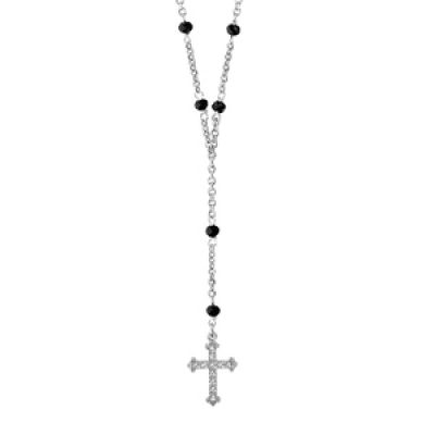 Collier en argent rhodié forme Y chaine avec oxydes noirs à intervalles réguliers et croix au bout - longueur 45cm