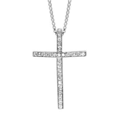 Collier en argent rhodié chaîne avec pendentif croix chrétienne en rails d'oxydes blancs sertis - longueur 42cm + 3cm de rallonge