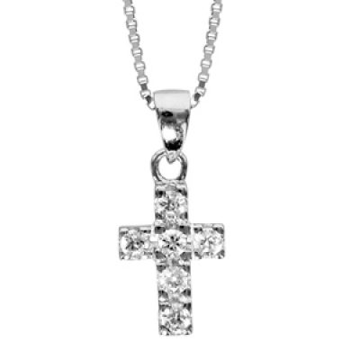 Collier en argent rhodié chaîne avec pendentif croix chrétienne ornée d'oxydes blancs sertis - longueur 42cm + 3cm de rallonge