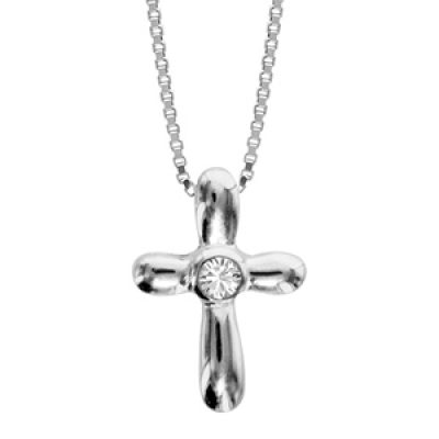 Collier en argent rhodié chaîne avec pendentif croix chrétienne arrondie et ornée d'1 oxyde serti clos au milieu - longueur 42cm + 3cm de rallonge