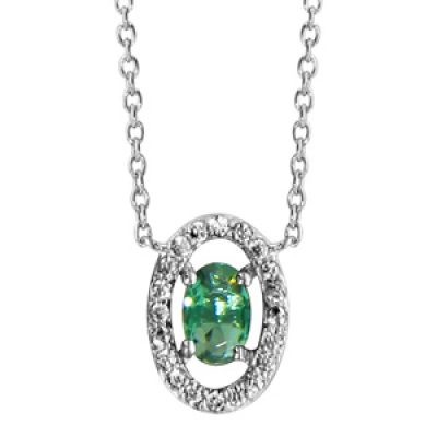 Collier en argent rhodié collection joaillerie chaîne avec pendentif oxyde ovale vert et entourage d'oxydes blancs sertis - longueur 40cm + 4cm de rallonge
