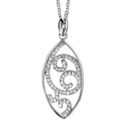 Collier en argent rhodié chaîne avec pendentif amande ajourée en arabesques ornées d'oxydes blancs sertis - longueur 40cm + 4cm de rallonge
