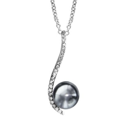 Collier en argent rhodié chaîne avec pendentif vague d'oxydes blancs sertis avec perle grise de synthèse 40cm + 4cm