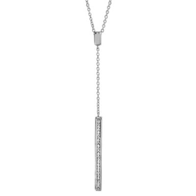 Collier en argent rhodié forme Y avec bâton orné d'oxydes blancs sertis au bout - longueur 40cm + 4cm de rallonge