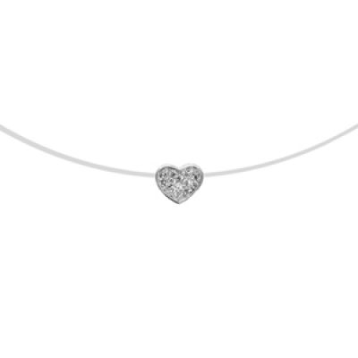 Collier en argent rhodié fil en nylon avec pendentif coeur pavé d'oxydes blancs - longueur 42cm